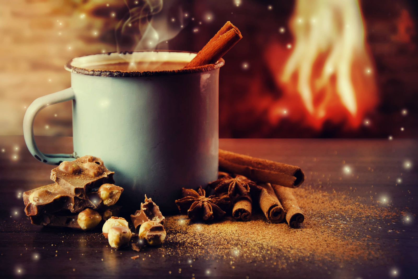 Christmas hot chocolate with cinnamon sticks and star anise