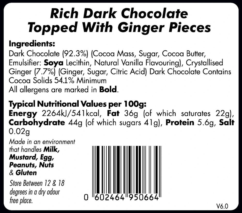 Label for rich dark chocolate topped with ginger pieces showing ingredients, nutritional values, and storage instructions.