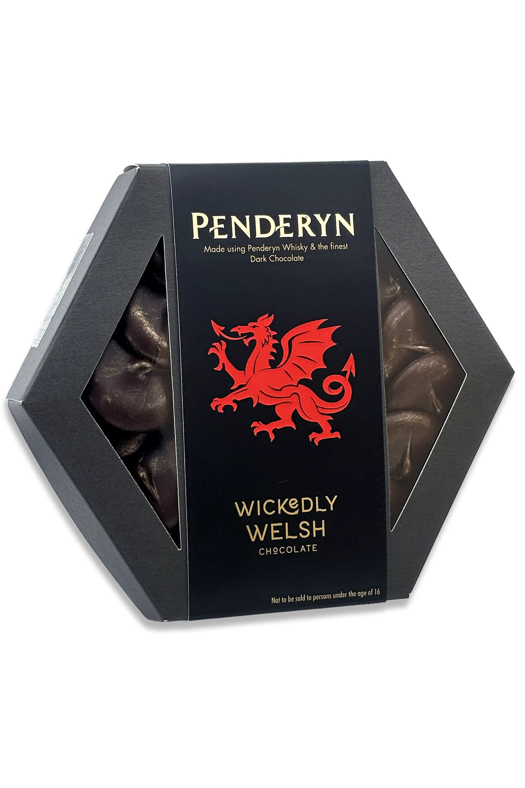 Hexagonal box of Penderyn Whisky and dark chocolate puddles with a Welsh red dragon logo.