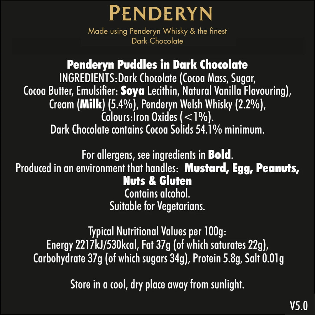 Penderyn Whisky and Dark Chocolate Puddles - Ingredients label