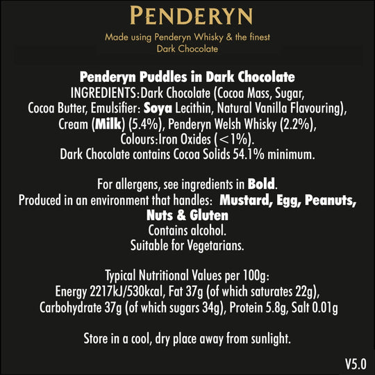 Penderyn Whisky and Dark Chocolate Puddles - Ingredients label